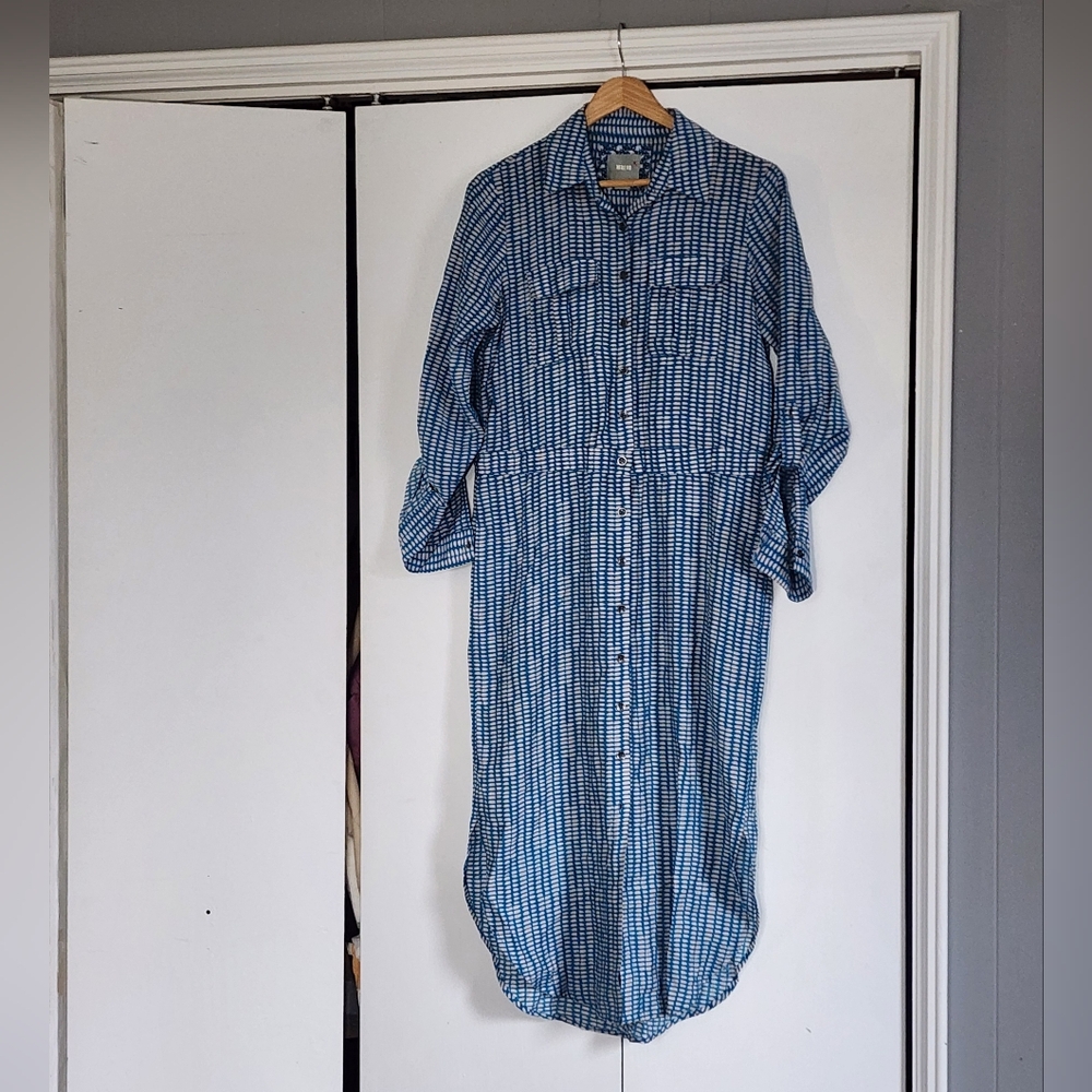 Maeve Blue Patterned Buttonfront Midi Shirt Dress - image 1